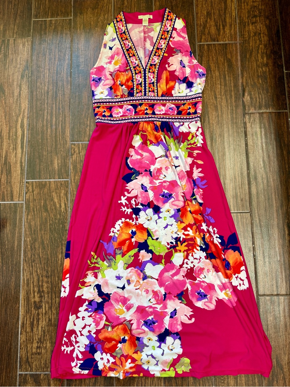 Sleeveless Fuchsia Floral Maxi Dress w V-Neck, London Times, Hot Pink, Stretch